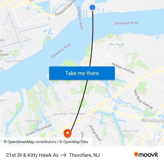 21st St & Kitty Hawk Av to Thorofare, NJ map