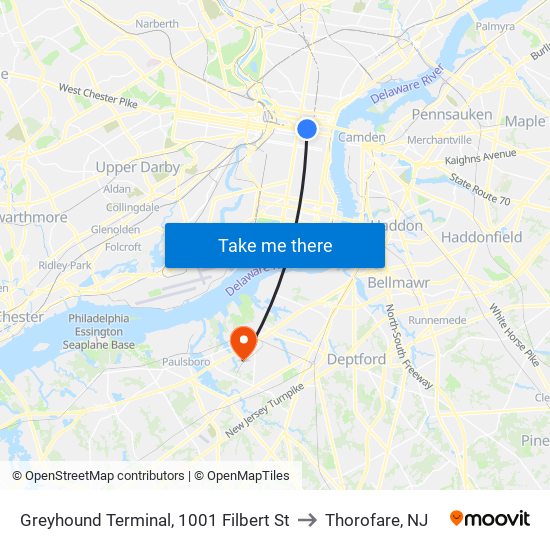 Greyhound Terminal, 1001 Filbert St to Thorofare, NJ map