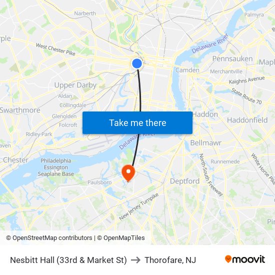 Nesbitt Hall (33rd & Market St) to Thorofare, NJ map