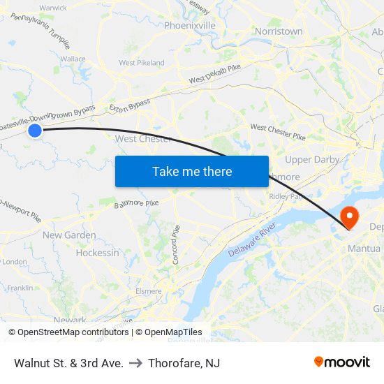 Walnut St. & 3rd Ave. to Thorofare, NJ map