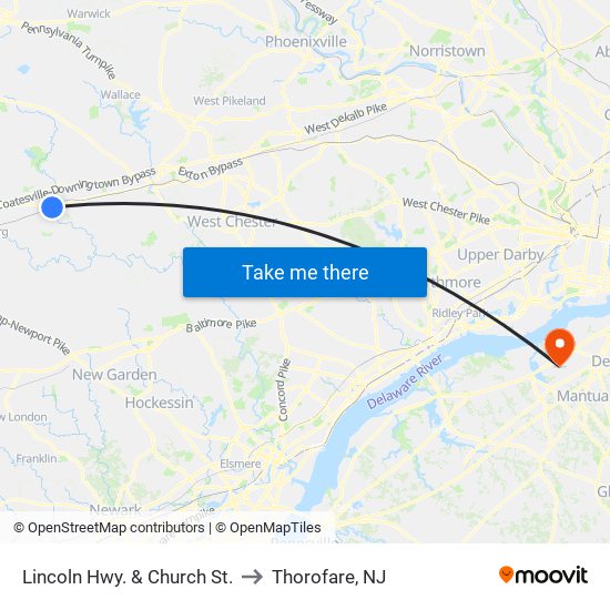 Lincoln Hwy. & Church St. to Thorofare, NJ map