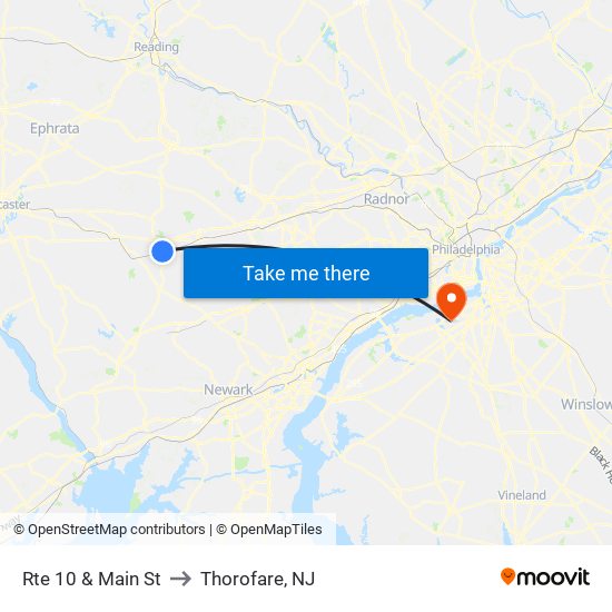 Rte 10 & Main St to Thorofare, NJ map