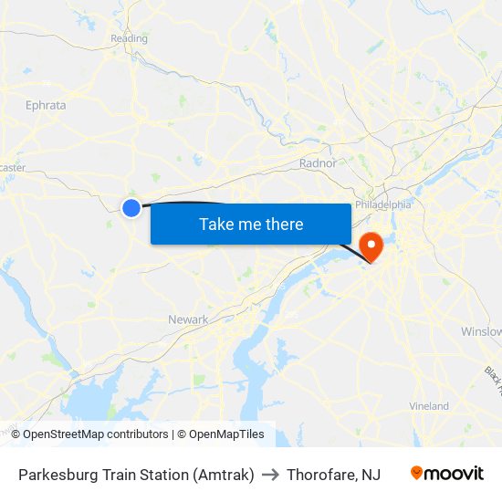 Parkesburg Train Station (Amtrak) to Thorofare, NJ map