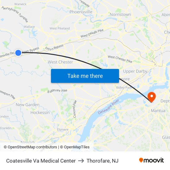 Coatesville Va Medical Center to Thorofare, NJ map