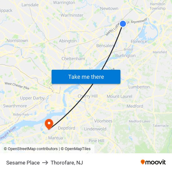 Sesame Place to Thorofare, NJ map