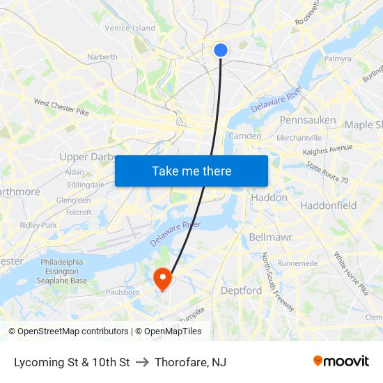 Lycoming St & 10th St to Thorofare, NJ map