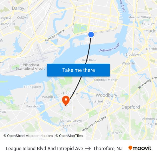 League Island Blvd And Intrepid Ave to Thorofare, NJ map