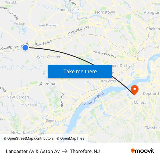 Lancaster Av & Aston Av to Thorofare, NJ map