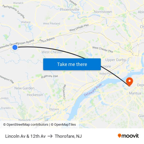 Lincoln Av & 12th Av to Thorofare, NJ map