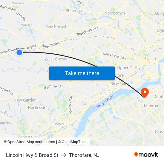 Lincoln Hwy & Broad St to Thorofare, NJ map