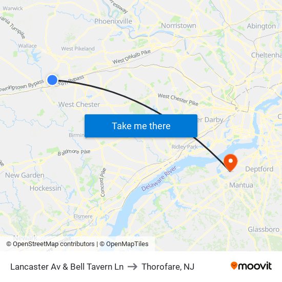 Lancaster Av & Bell Tavern Ln to Thorofare, NJ map