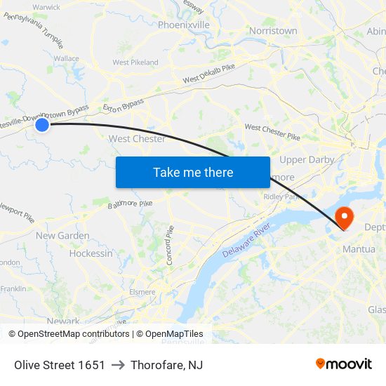 Olive Street 1651 to Thorofare, NJ map