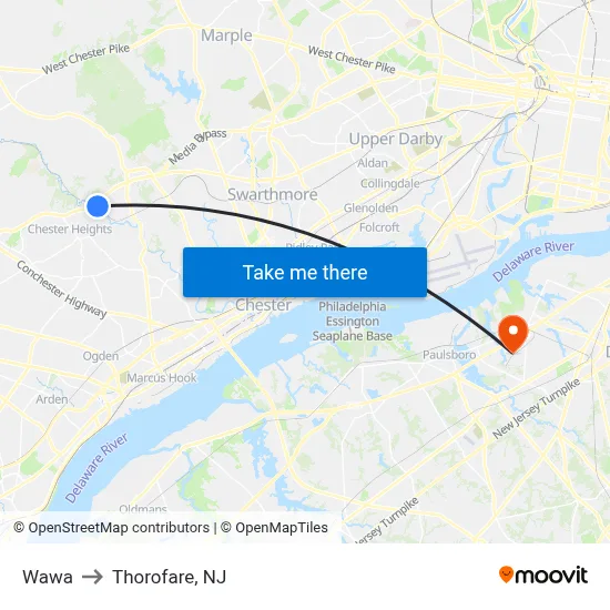Wawa to Thorofare, NJ map