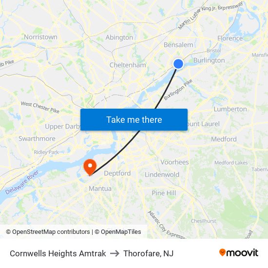 Cornwells Heights Amtrak to Thorofare, NJ map