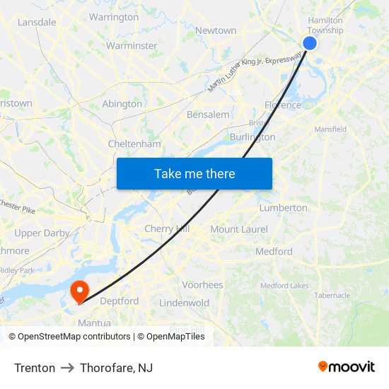Trenton to Thorofare, NJ map