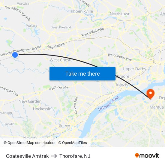 Coatesville Amtrak to Thorofare, NJ map