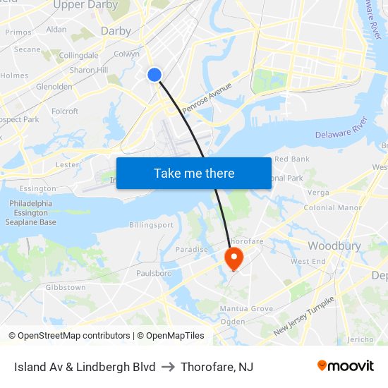 Island Av & Lindbergh Blvd to Thorofare, NJ map