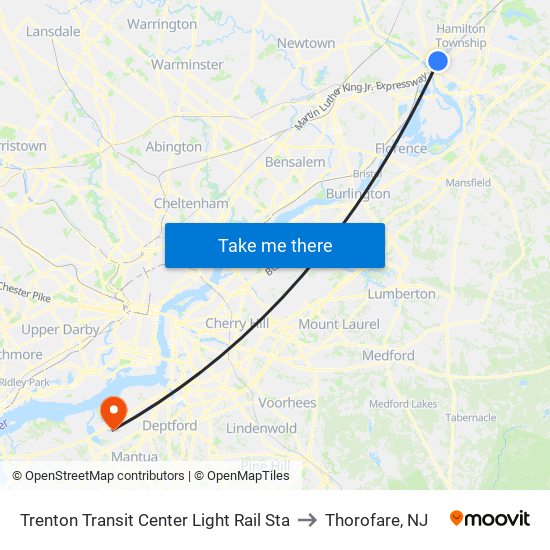 Trenton Transit Center Light Rail Sta to Thorofare, NJ map