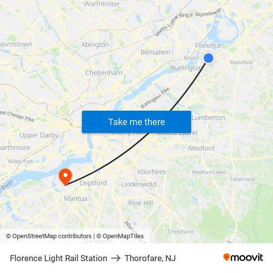 Florence Light Rail Station to Thorofare, NJ map