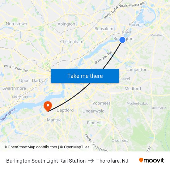 Burlington South Light Rail Station to Thorofare, NJ map