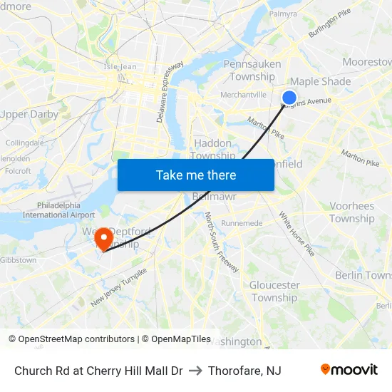Church Rd at Cherry Hill Mall Dr to Thorofare, NJ map