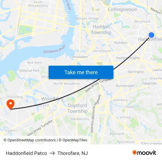Haddonfield Patco to Thorofare, NJ map
