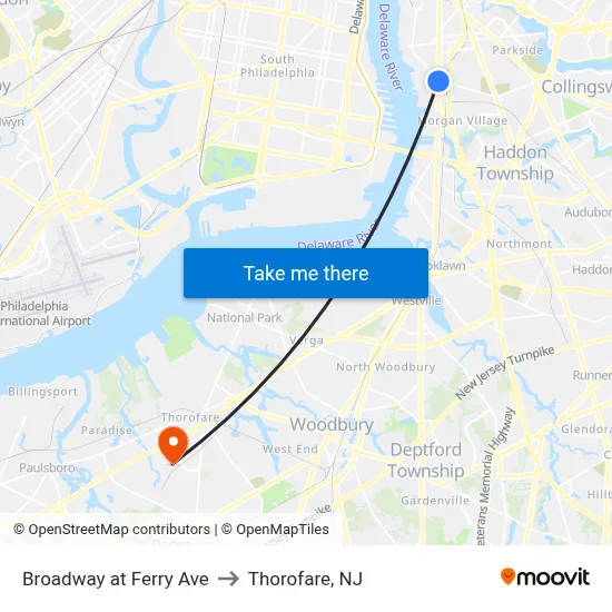 Broadway at Ferry Ave to Thorofare, NJ map