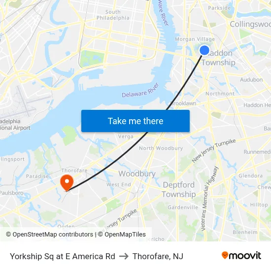 Yorkship Sq at E America Rd to Thorofare, NJ map