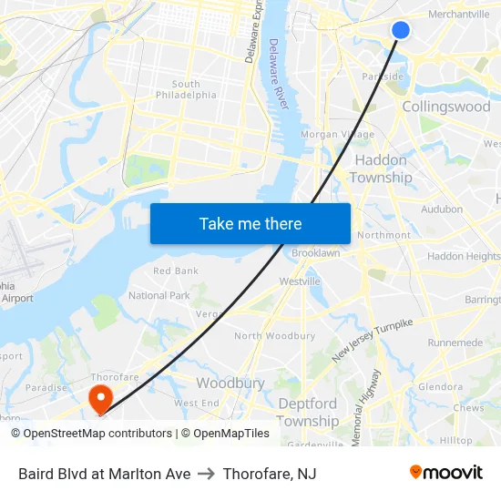 Baird Blvd at Marlton Ave to Thorofare, NJ map