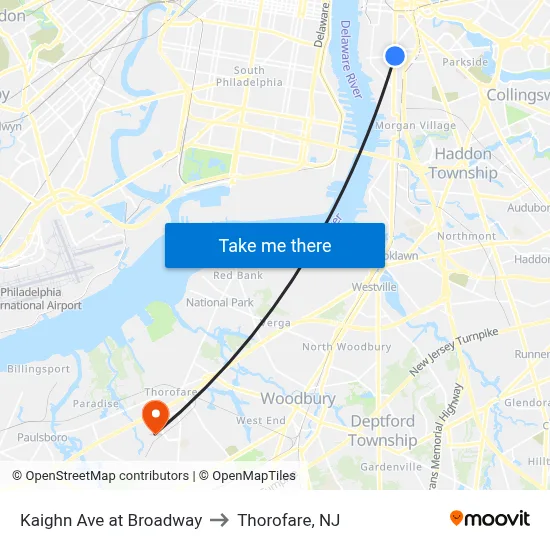Kaighn Ave at Broadway to Thorofare, NJ map