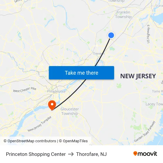 Princeton Shopping Center to Thorofare, NJ map