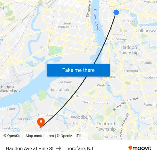 Haddon Ave at Pine St to Thorofare, NJ map