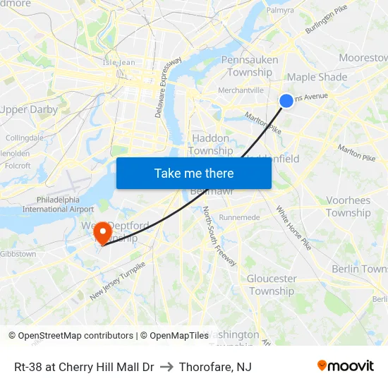 Rt-38 at Cherry Hill Mall Dr to Thorofare, NJ map