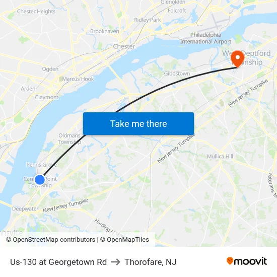 Us-130 at Georgetown Rd to Thorofare, NJ map