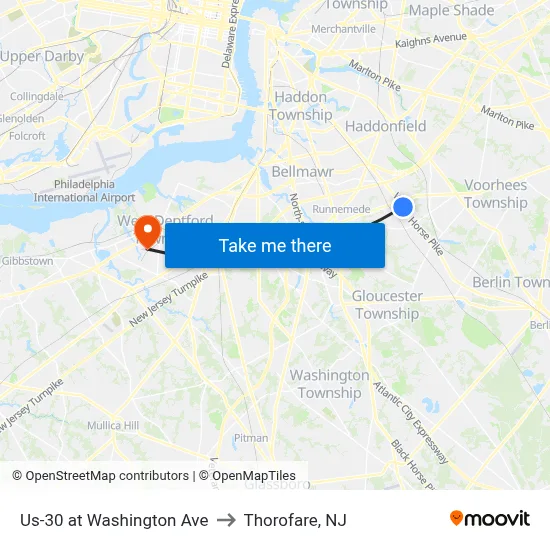 Us-30 at Washington Ave to Thorofare, NJ map