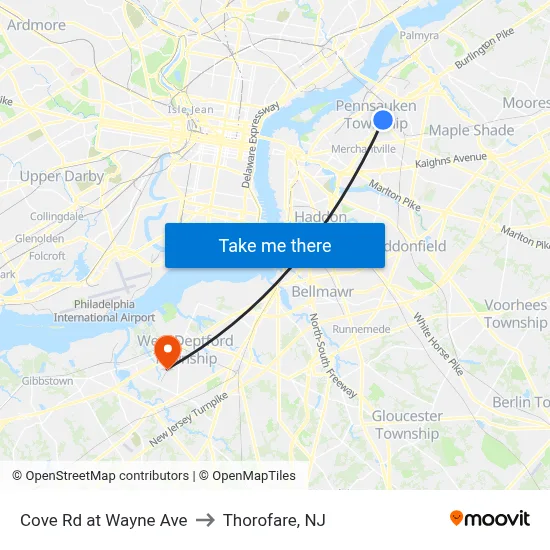 Cove Rd at Wayne Ave to Thorofare, NJ map