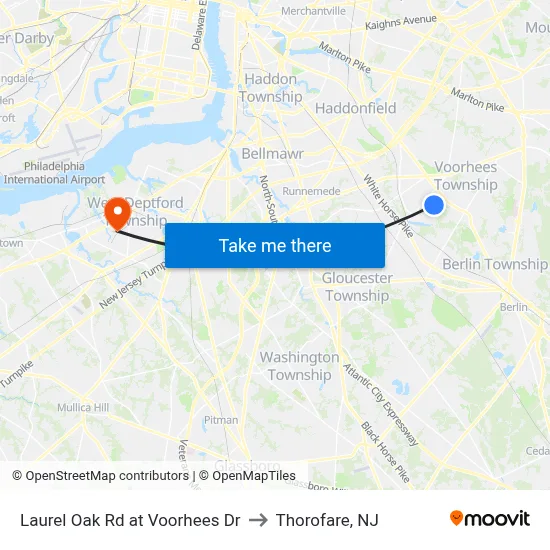 Laurel Oak Rd at Voorhees Dr to Thorofare, NJ map