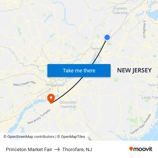 Princeton Market Fair to Thorofare, NJ map