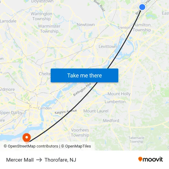 Mercer Mall to Thorofare, NJ map