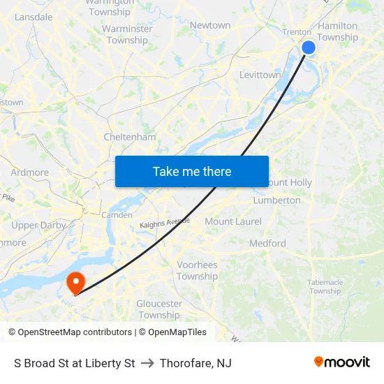 S Broad St at Liberty St to Thorofare, NJ map