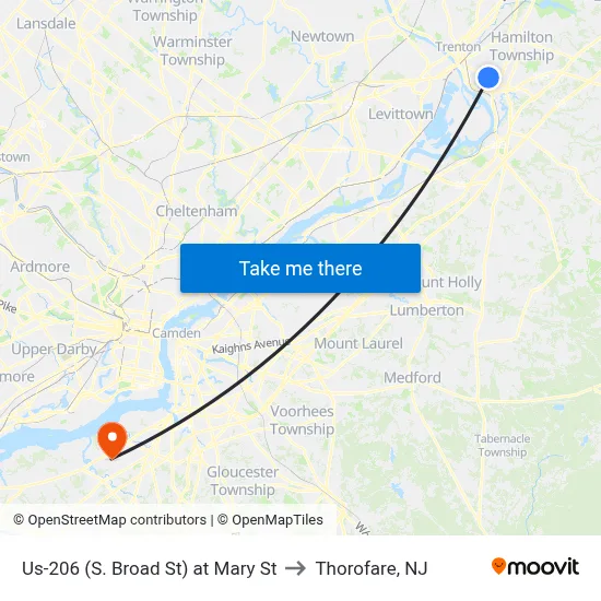 Us-206 (S. Broad St) at Mary St to Thorofare, NJ map