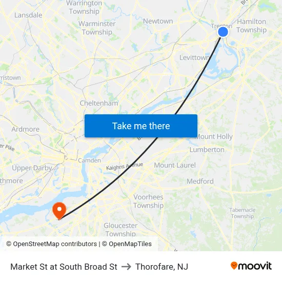 Market St at South Broad St to Thorofare, NJ map
