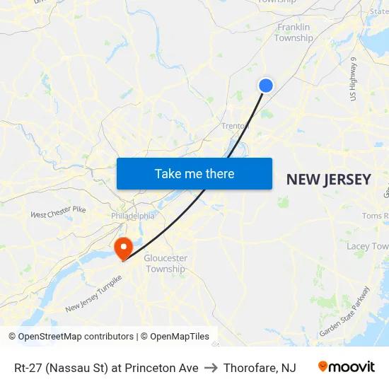 Rt-27 (Nassau St) at Princeton Ave to Thorofare, NJ map