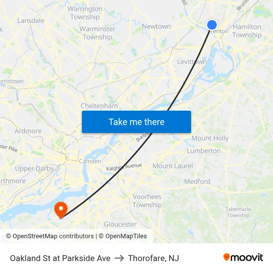Oakland St at Parkside Ave to Thorofare, NJ map