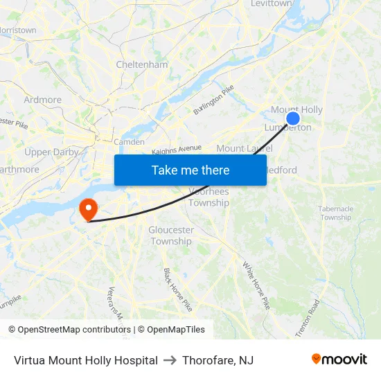 Virtua Mount Holly Hospital to Thorofare, NJ map