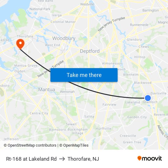 Rt-168 at Lakeland Rd to Thorofare, NJ map