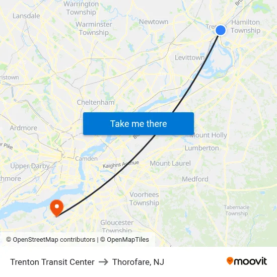 Trenton Transit Center to Thorofare, NJ map