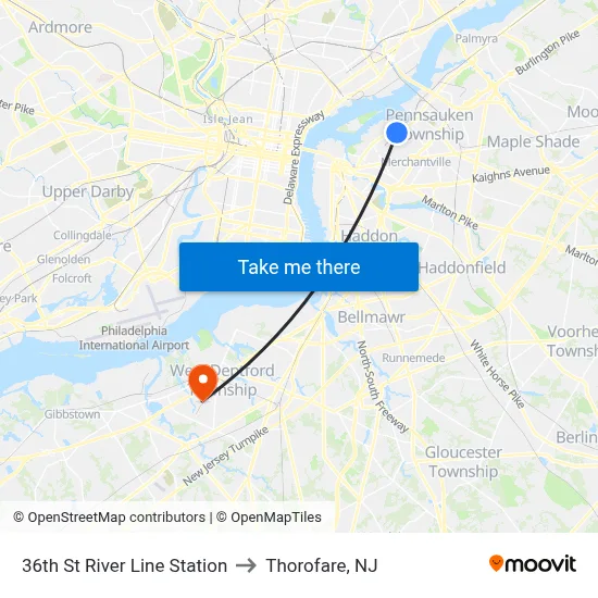 36th St River Line Station to Thorofare, NJ map