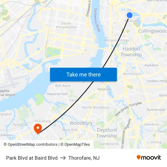 Park Blvd at Baird Blvd to Thorofare, NJ map