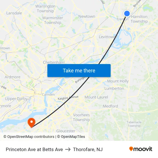 Princeton Ave at Betts Ave to Thorofare, NJ map